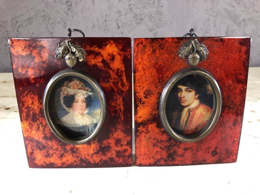 Pair of framed miniatures of a man and a woman, approx 12cm x 10cm