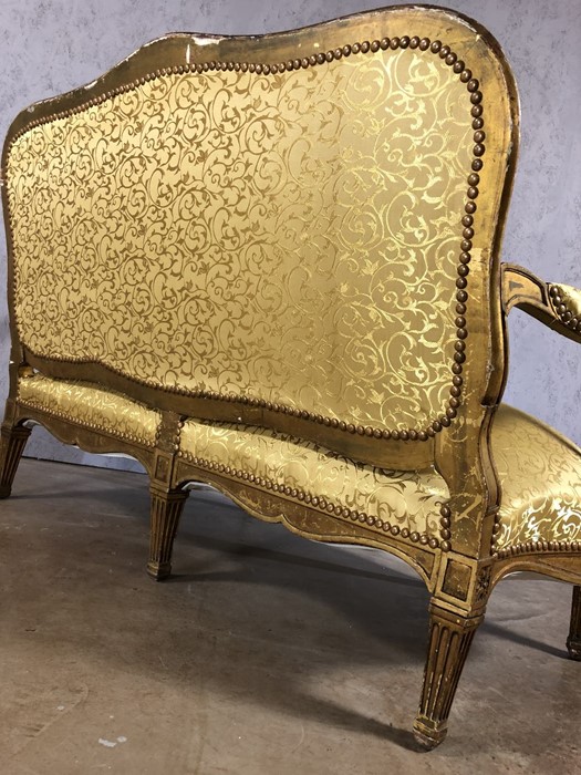 Five piece suite to include two seater sofa and four armchairs with wood and gilt frames and gold - Image 7 of 12