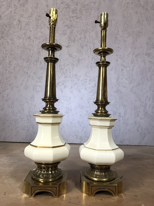 Pair of brass and porcelain stiffel lamps, each approx 69cm in height