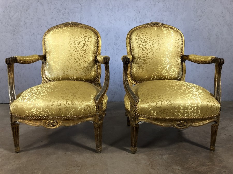 Five piece suite to include two seater sofa and four armchairs with wood and gilt frames and gold - Image 8 of 12