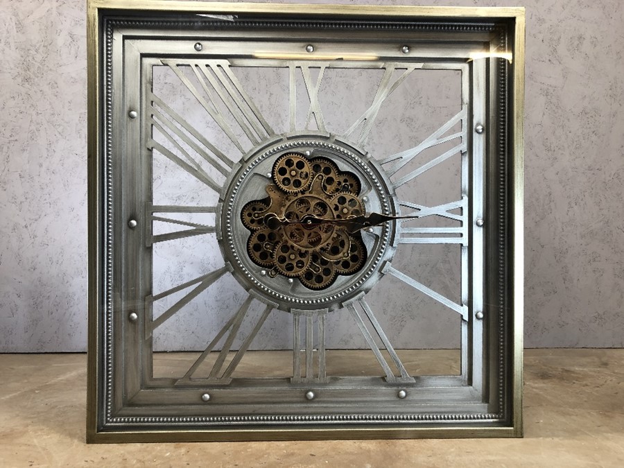 Large square modern wall clock with gear design, approx 80cm x 80cm x 10.5cm