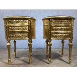 Pair of gilt bedside tables with three drawers and marble tops, approx 68cm in height
