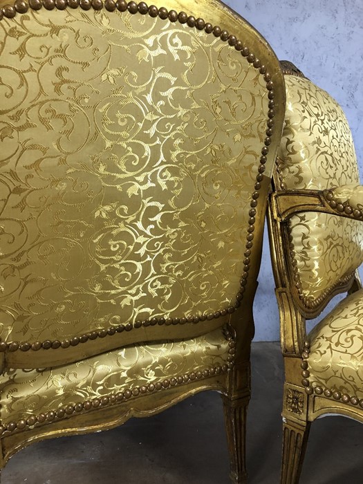 Five piece suite to include two seater sofa and four armchairs with wood and gilt frames and gold - Image 11 of 12
