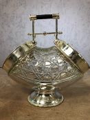 Cut glass and silver coloured metal biscuit barrel, approx 28cm to top of handle