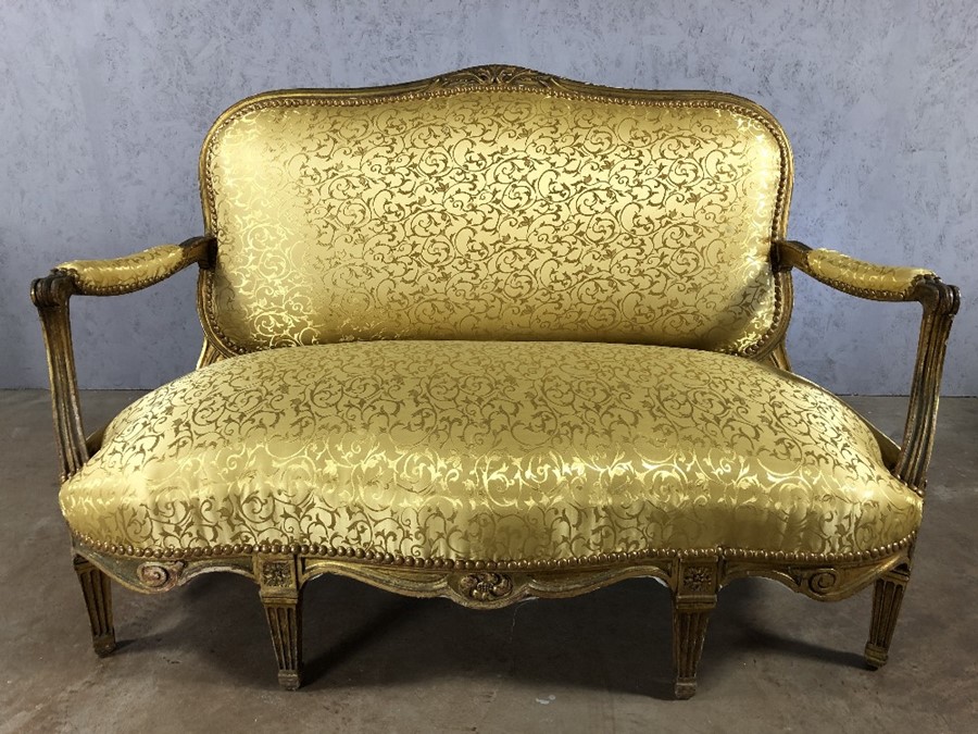 Five piece suite to include two seater sofa and four armchairs with wood and gilt frames and gold - Image 3 of 12