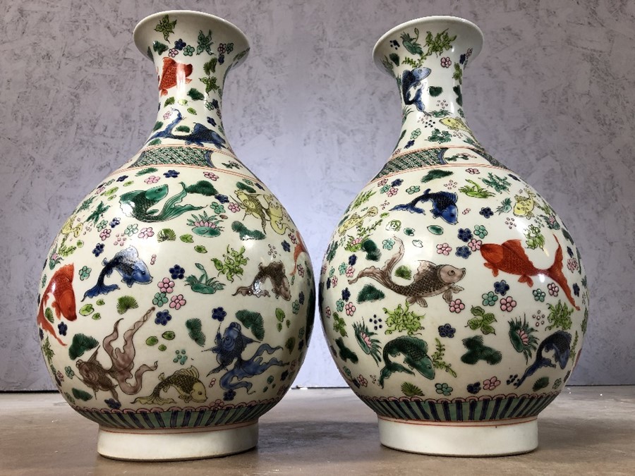 Pair of large Chinese vases with fish design, approx 38cm in height - Image 2 of 5