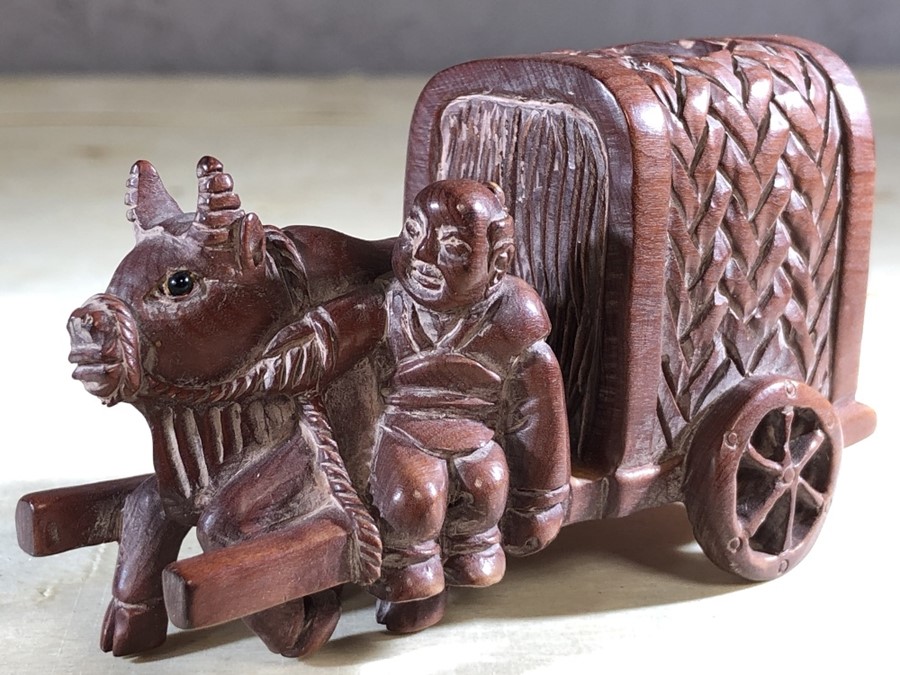 Japanese wooden bull and cart, approx 5cm tall