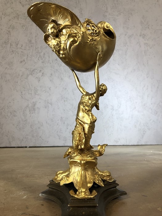 Gilt figure of a woman holding a shell, on plinth, approx 38cm in height - Image 2 of 5