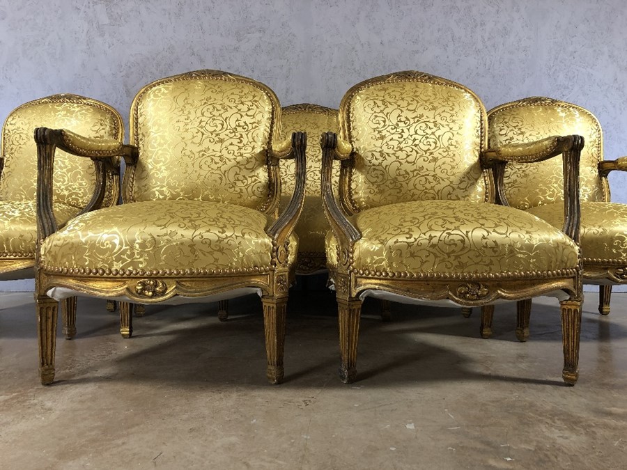 Five piece suite to include two seater sofa and four armchairs with wood and gilt frames and gold - Image 2 of 12