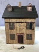 Wooden locking tea caddy in the form of a house, approx 22cm in height