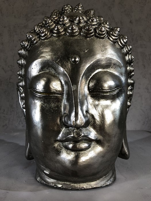 Large silver coloured Buddha's head, approx 43cm in height
