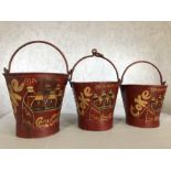 Set of three vintage style graduating metal buckets marked Coke, largest approx 29cm in height