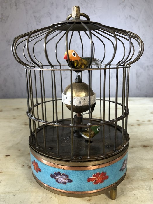 Cloisonné bird cage clock, approx 20cm in height