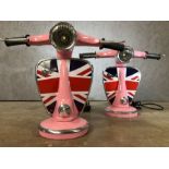 Pair of modern table lamps in the style of pink Vespa scooters, each approx 32cm in height