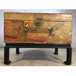 Chinese wooden chest on stand, approx 64cm x 41cm x 49cm tall (incl stand)