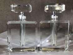 Pair of large square glass scent bottles, each approx 26cm in height
