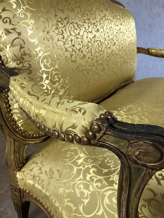 Five piece suite to include two seater sofa and four armchairs with wood and gilt frames and gold - Image 6 of 12