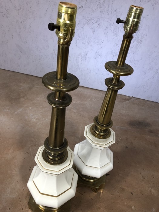 Pair of brass and porcelain stiffel lamps, each approx 69cm in height - Image 3 of 5