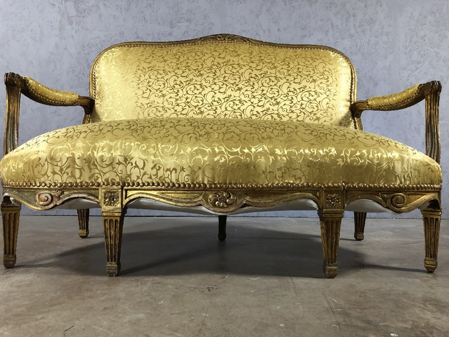 Five piece suite to include two seater sofa and four armchairs with wood and gilt frames and gold - Image 4 of 12