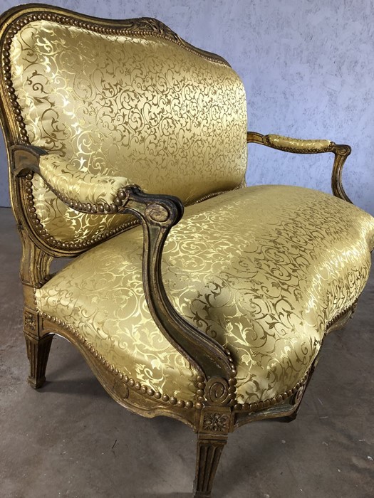 Five piece suite to include two seater sofa and four armchairs with wood and gilt frames and gold - Image 5 of 12