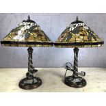 Pair of yellow Tiffany style lamps with dragonfly design, each approx 57cm in height