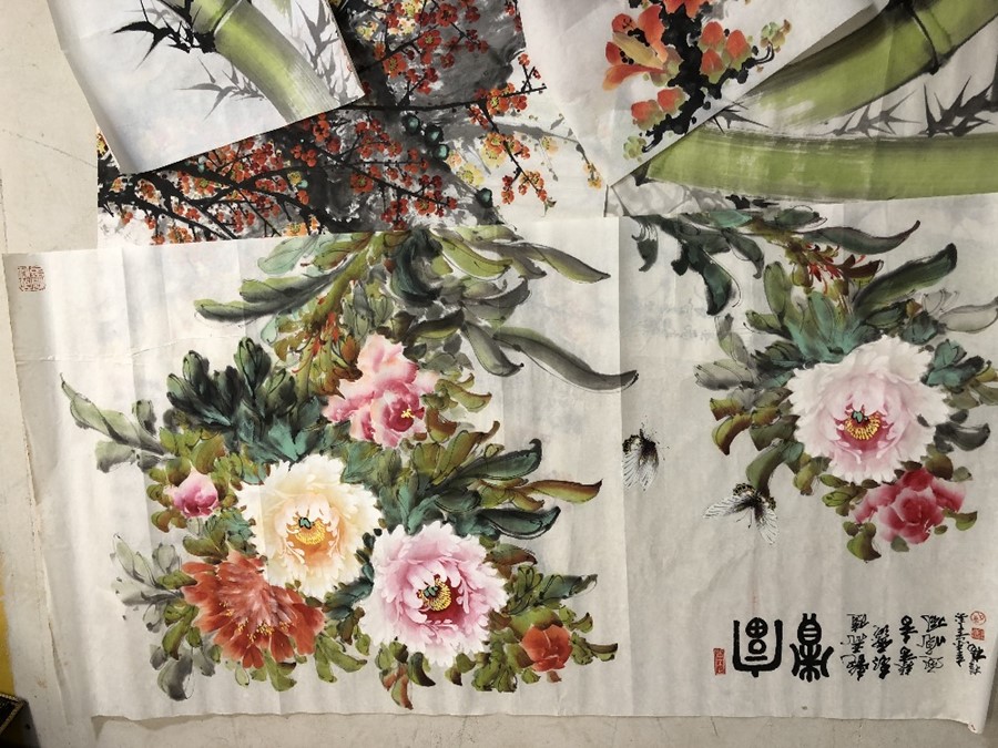 Large collection of Chinese hand painted ink and watercolour studies of bamboo, blossom and birds, - Image 5 of 10