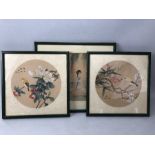 Three hand painted Chinese/ oriental pictures two of yellow birds and another of a lady in a garden