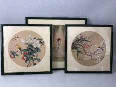 Three hand painted Chinese/ oriental pictures two of yellow birds and another of a lady in a garden