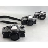 Two Olympus OM-10 camera bodies and one Olympus OM-2 body, 50mm F/1.8 (on-/off switch missing) along