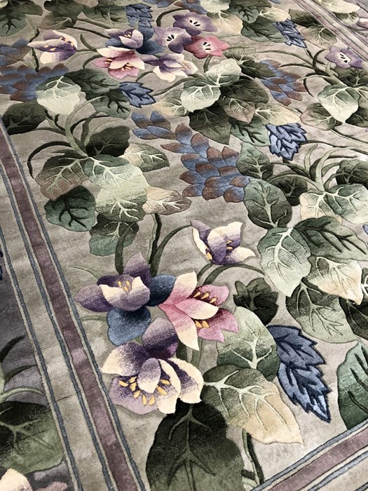Chinese silk steel blue ground rug with exotic floral design, approx 170cm x 243cm - Image 4 of 5