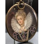 Hand Painted Miniature of Elizabeth I in oval Brass mount approx 9cm x 7.5cm
