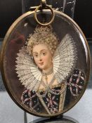 Hand Painted Miniature of Elizabeth I in oval Brass mount approx 9cm x 7.5cm