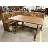 Pine kitchen table with L-shaped corner bench, table approx 123cm 79cm x 76cm tall, bench approx