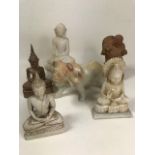 Six Chinese / Eastern carved figures to include deities, a buddha and an ox, some in natural stone /