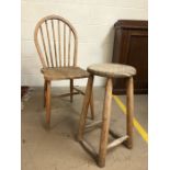 Single pine spindle back chair and a pine stool