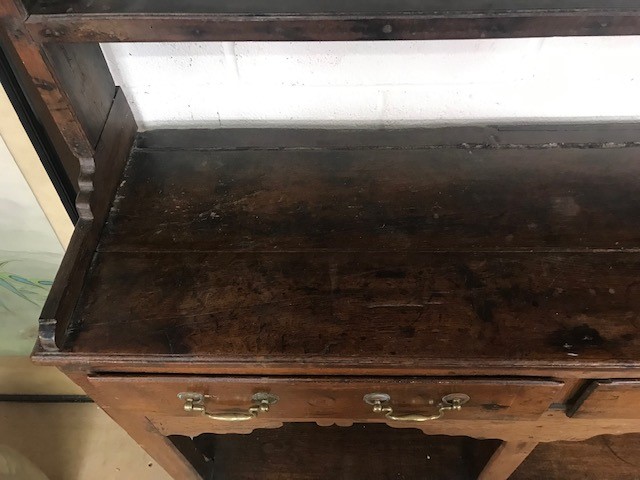 Oak dresser with original brass fittings, two drawers and shelves below and shelves and hooks - Image 15 of 20