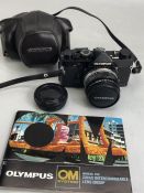 Olympus black OM-1 camera with 50mm F/1.8 Zuiko with case