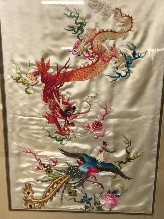 Two Chinese hand embroidered framed silks depicting dragons and peacocks each approx 62cm x 47cm - Image 4 of 5