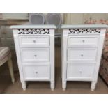 Pair of French-style painted bedsides with three drawers and lattice detailing, each approx 41cm x