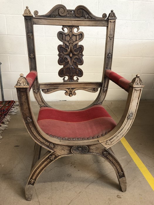 French X-frame carved wooden medieval-style side chair with upholstered seat