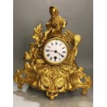 Late 19th Century French gilded mantel clock with enamel dial, in working order, approx 32cm in