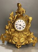 Late 19th Century French gilded mantel clock with enamel dial, in working order, approx 32cm in