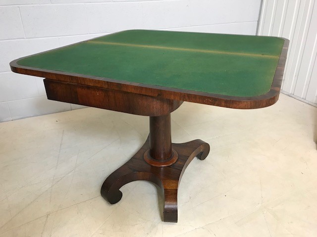 Walnut veneered card table on pedestal base with green baize, approx 92cm x 45cm x 72cm tall ( - Image 3 of 5