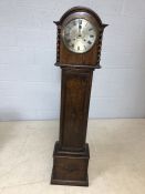 Oak cased grandmother clock with barley-twist detailing, mechanism marked 'British Manufacturing'