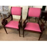 Pair of pink upholstered scroll armed carver chairs