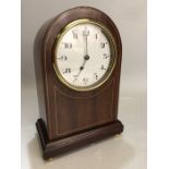 Edwardian mahogany mantel clock with inlaid dome top, French platform movement, in working order,