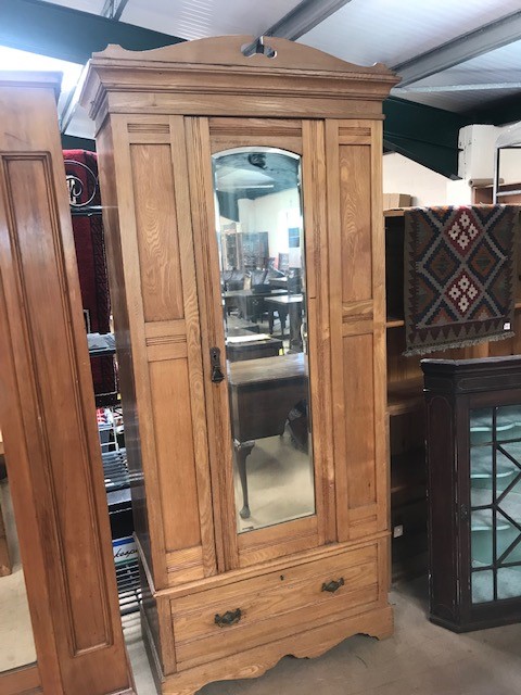 Single pine wardrobe with carved detailing, central mirror and drawer to base, approx 84cm x 40cm - Image 2 of 6