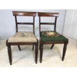 Pair of mahogany chairs with turned front legs and tapestry seats