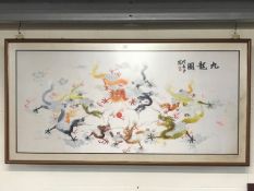 Very large framed Chinese silk embroidery on ivory silk depicting nine dragons, approx 210cm x