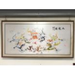 Very large framed Chinese silk embroidery on ivory silk depicting nine dragons, approx 210cm x